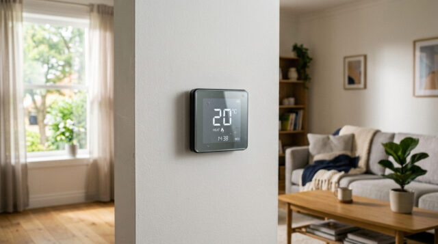 Come gestire i consumi di gas in inverno Termostato da parete moderno che segna 20 gradi in un salotto ordinato.