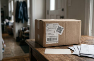 Un pacco o una cartolina a casa con un QR code sopra: ecco cosa significa davvero Pacco con adesivo QR code sovrapposto all'angolo dell'etichetta di spedizione originale, su un tavolo d'ingresso insieme a posta e cartolina