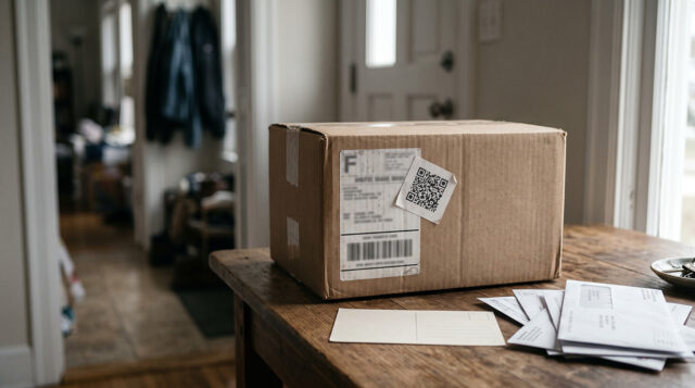 Pacco con adesivo QR code sovrapposto all'angolo dell'etichetta di spedizione originale, su un tavolo d'ingresso insieme a posta e cartolina