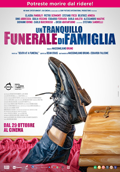 Poster ufficiale del film di Massimiliano Bruno Poster ufficiale del film Un tranquillo funerale di famiglia di Massimiliano Bruno, con una scarpa che spunta da una bara di legno su sfondo rosa acceso