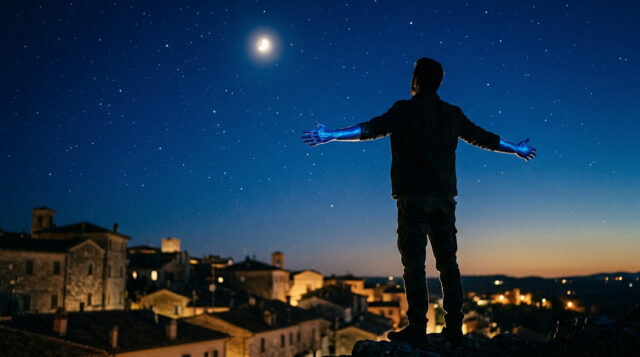 Sagoma di una persona di spalle con le mani dipinte di blu rivolta verso un cielo notturno stellato con la luna, sopra i tetti di un borgo italiano, immagine concettuale ispirata alla canzone Volare di Domenico Modugno