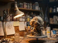 Il volto di E.T. non è un’invenzione: ecco a chi lo ispirò davvero Spielberg Scultura in argilla non finita di una testa di creatura su un banco da lavoro in un laboratorio di effetti speciali anni '80, illuminato da una lampada da tavolo