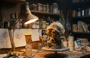 Il volto di E.T. non è un’invenzione: ecco a chi lo ispirò davvero Spielberg Scultura in argilla non finita di una testa di creatura su un banco da lavoro in un laboratorio di effetti speciali anni '80, illuminato da una lampada da tavolo