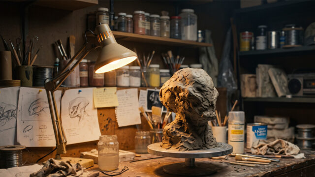 Scultura in argilla non finita di una testa di creatura su un banco da lavoro in un laboratorio di effetti speciali anni '80, illuminato da una lampada da tavolo