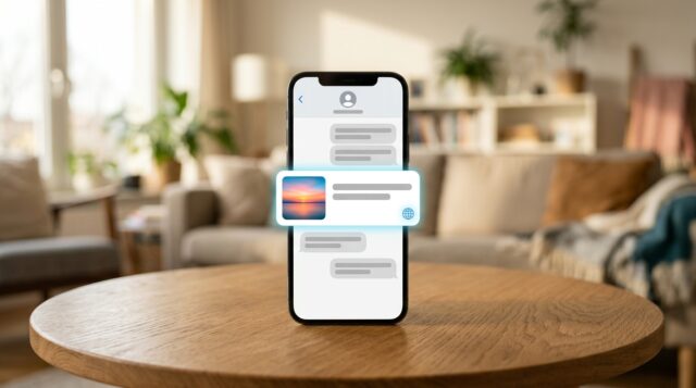 Smartphone su un tavolo in un soggiorno con una chat aperta e la scheda di un link evidenziata al centro